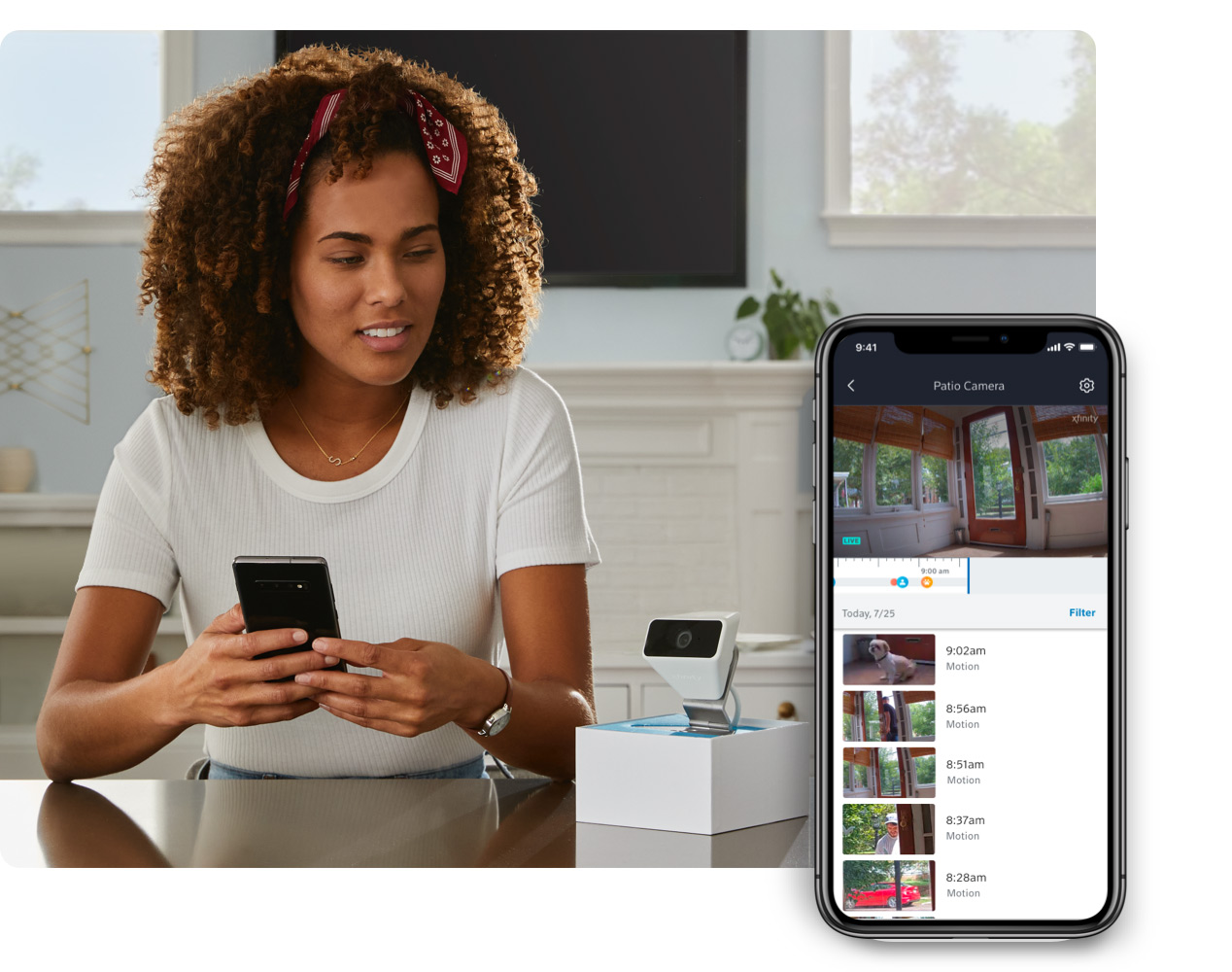 Woman at counter on phone
